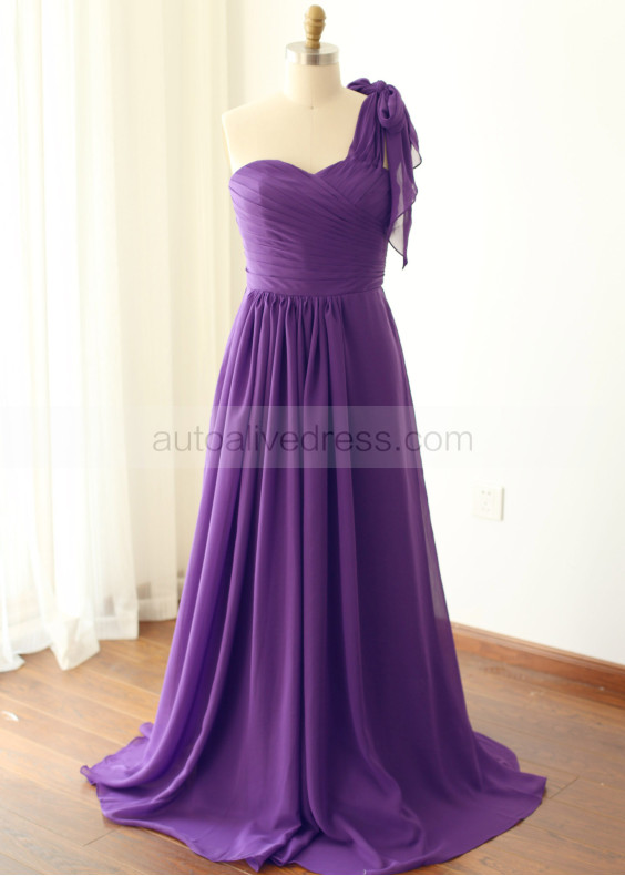 One Shoulder Purple Pleated Chiffon Bridesmaid Dress